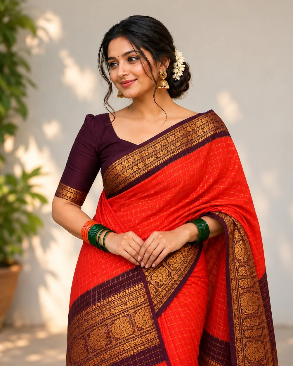 Red checked cotton saree with a maroon and gold border